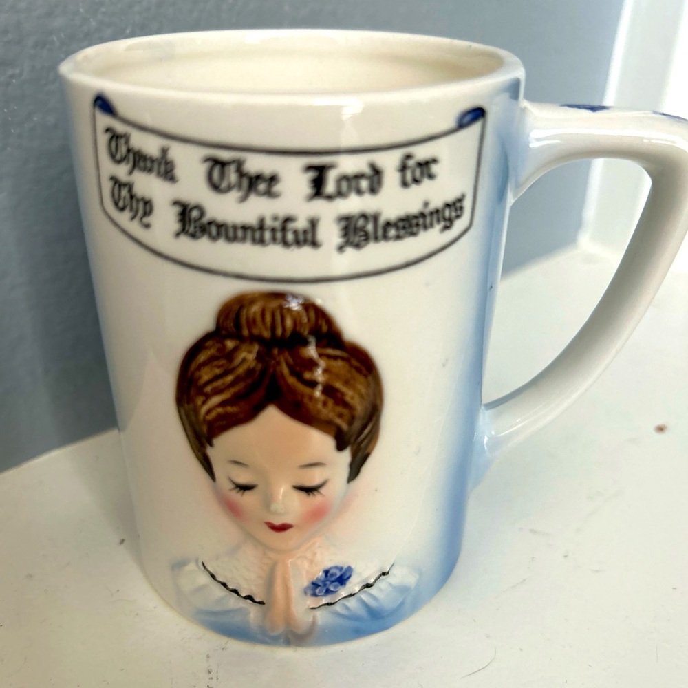 Enesco Mother in Kitchen BLUE Prayer Girl Lady Coffee Cup/Mug RARE
